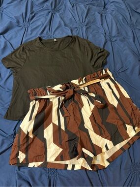 SHEIN Black Tee with Abstract Brown & Cream Tie-Waist Shorts